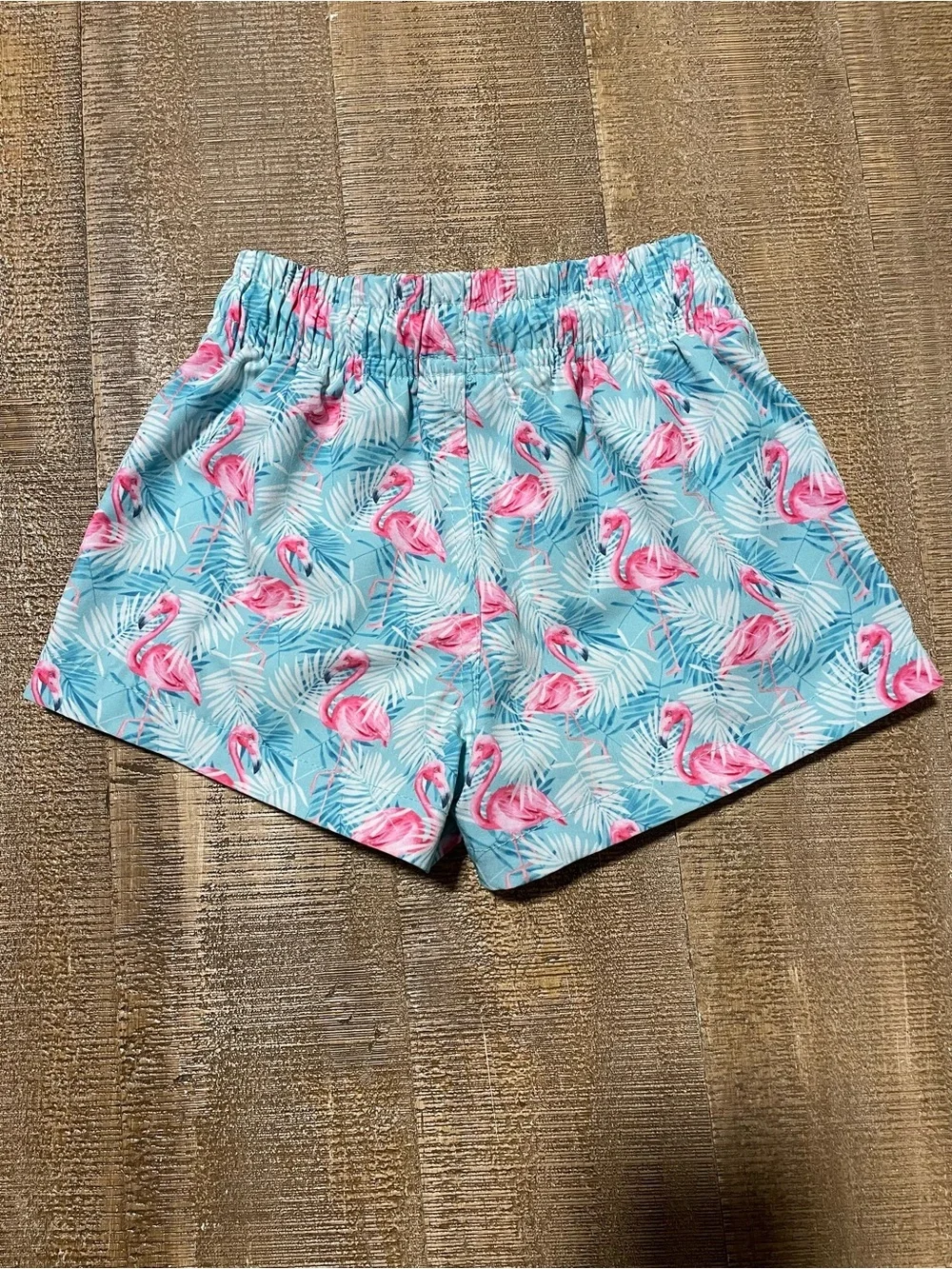 Kids Pink Flamingo Swim Trunks - Lightweight Blue Print